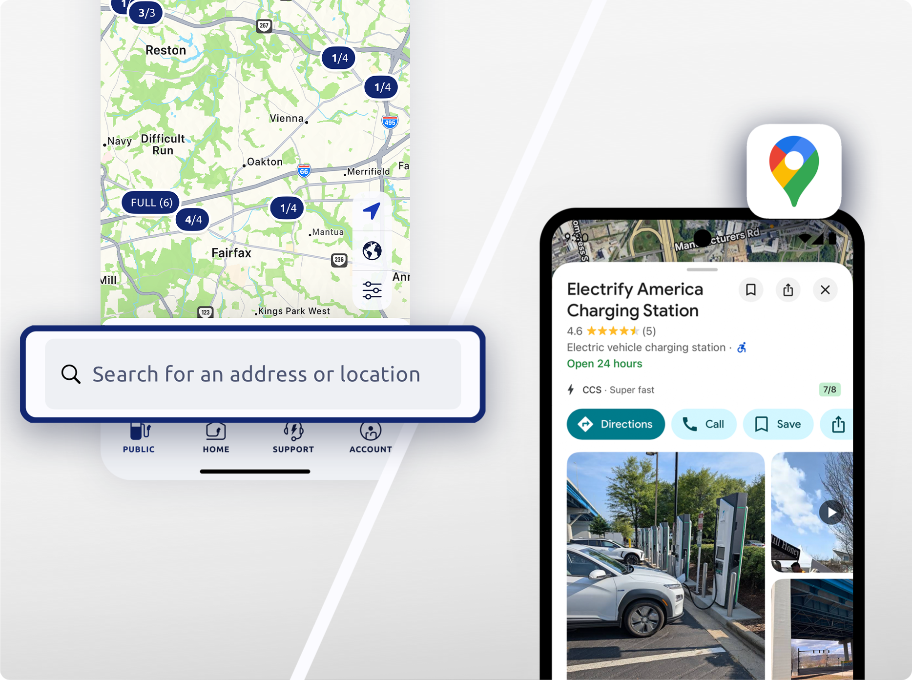 Station search in the Electrify America app and the station on Google Maps