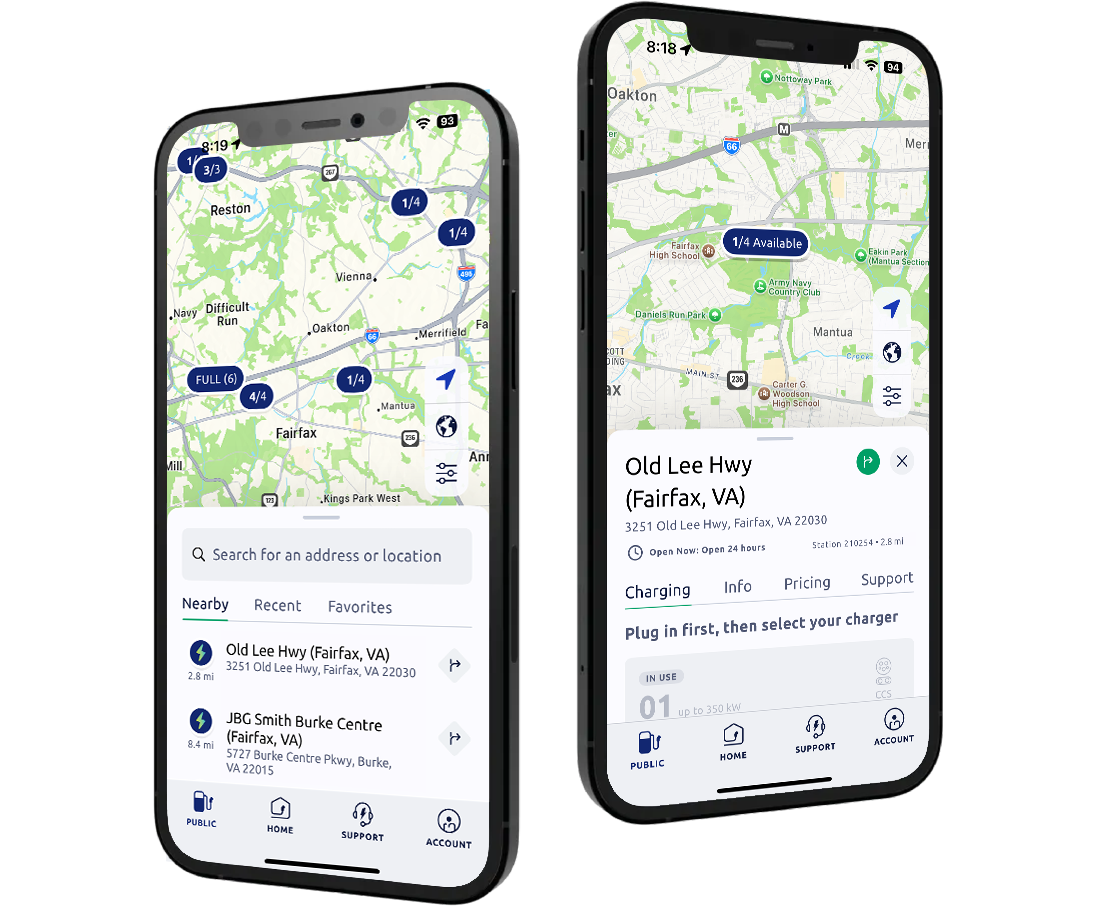 Mobile app screen displaying the ability to location and get directions to chargers