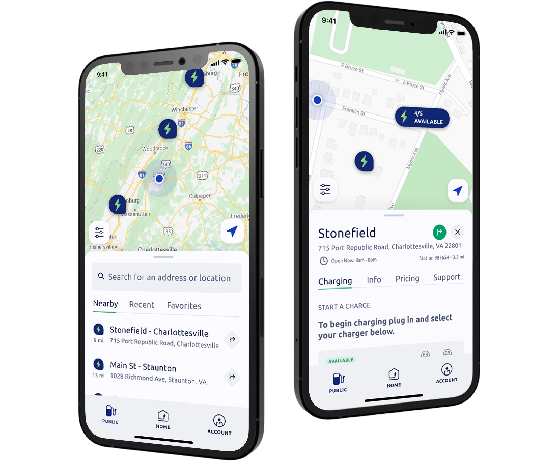 Mobile app screen displaying the ability to location and get directions to chargers