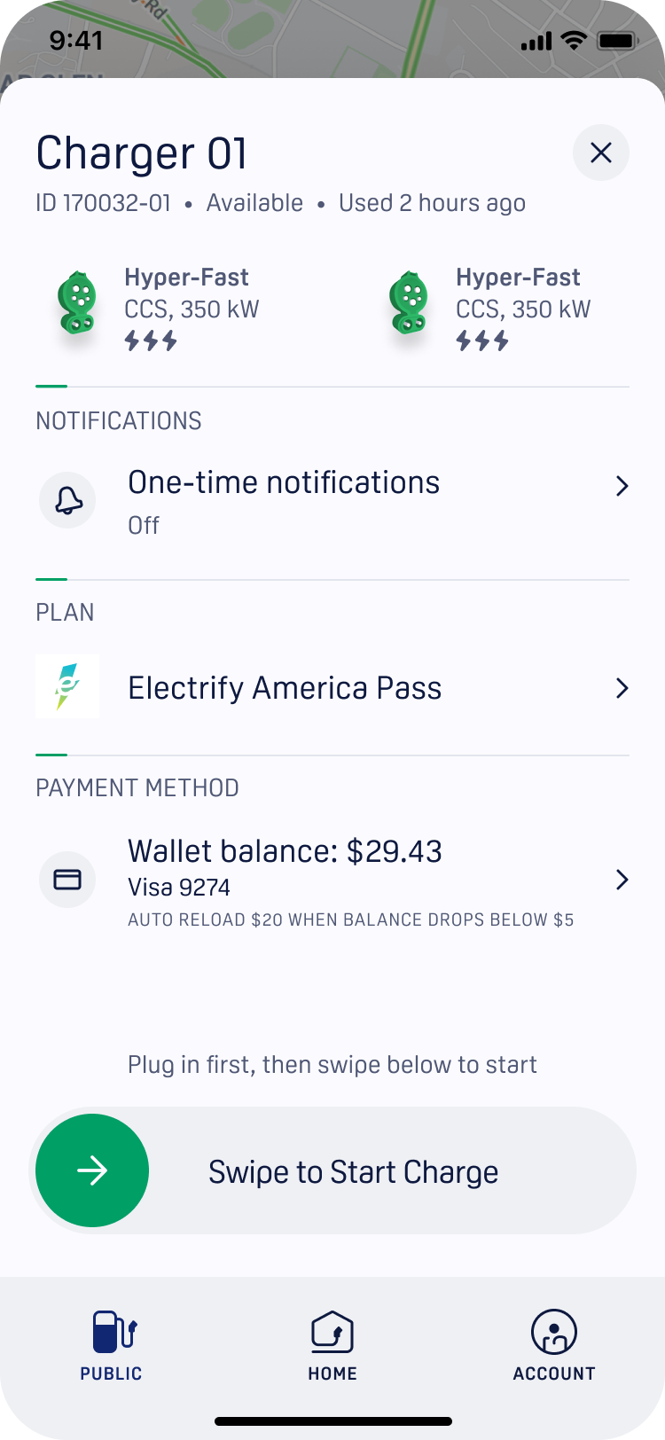 Mobile app with the Electrify America pass selected