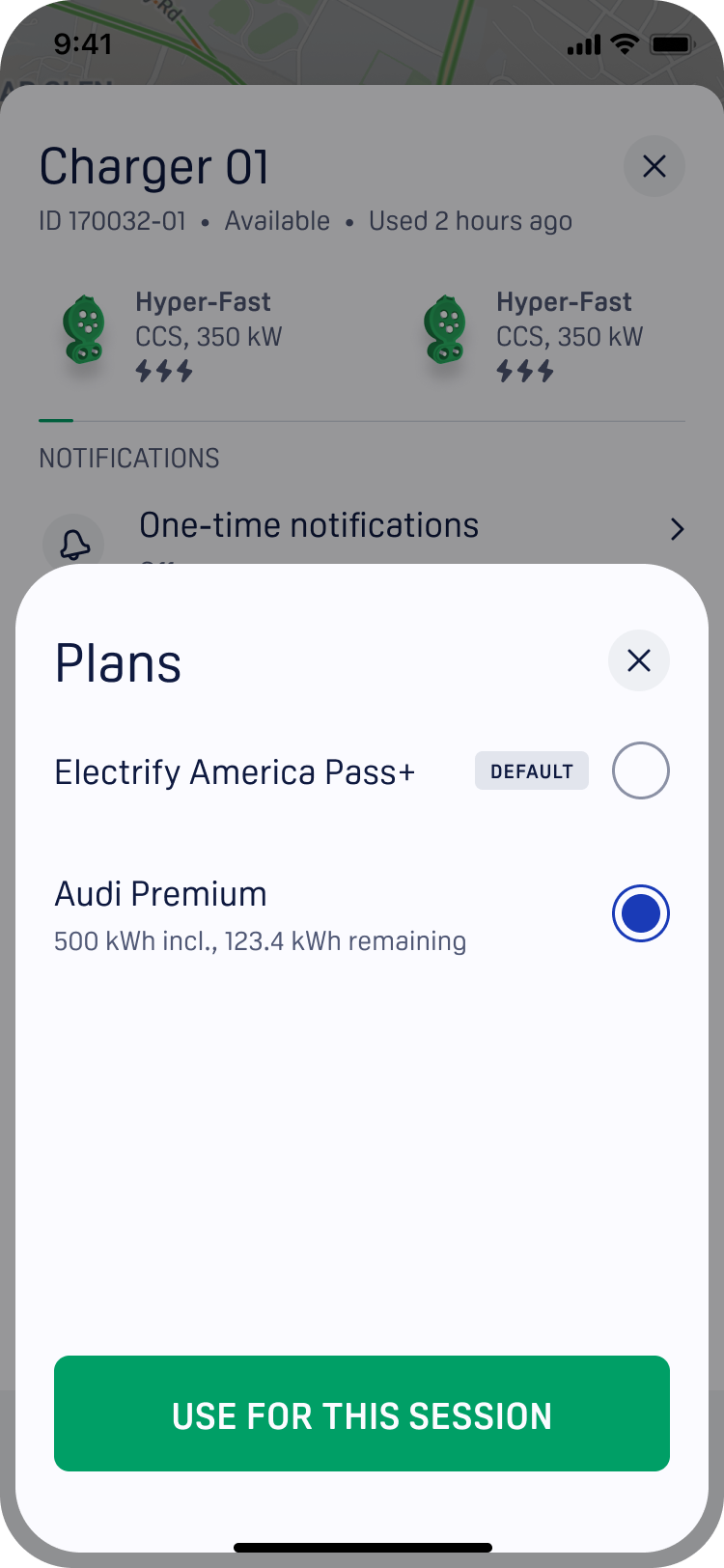 Mobile app pass selection screen with Audi Premium selected