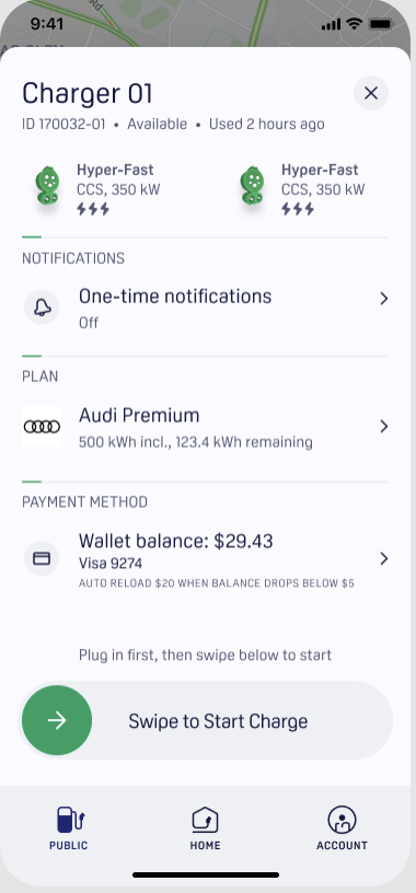 Mobile app with the Audi Premium plan selected