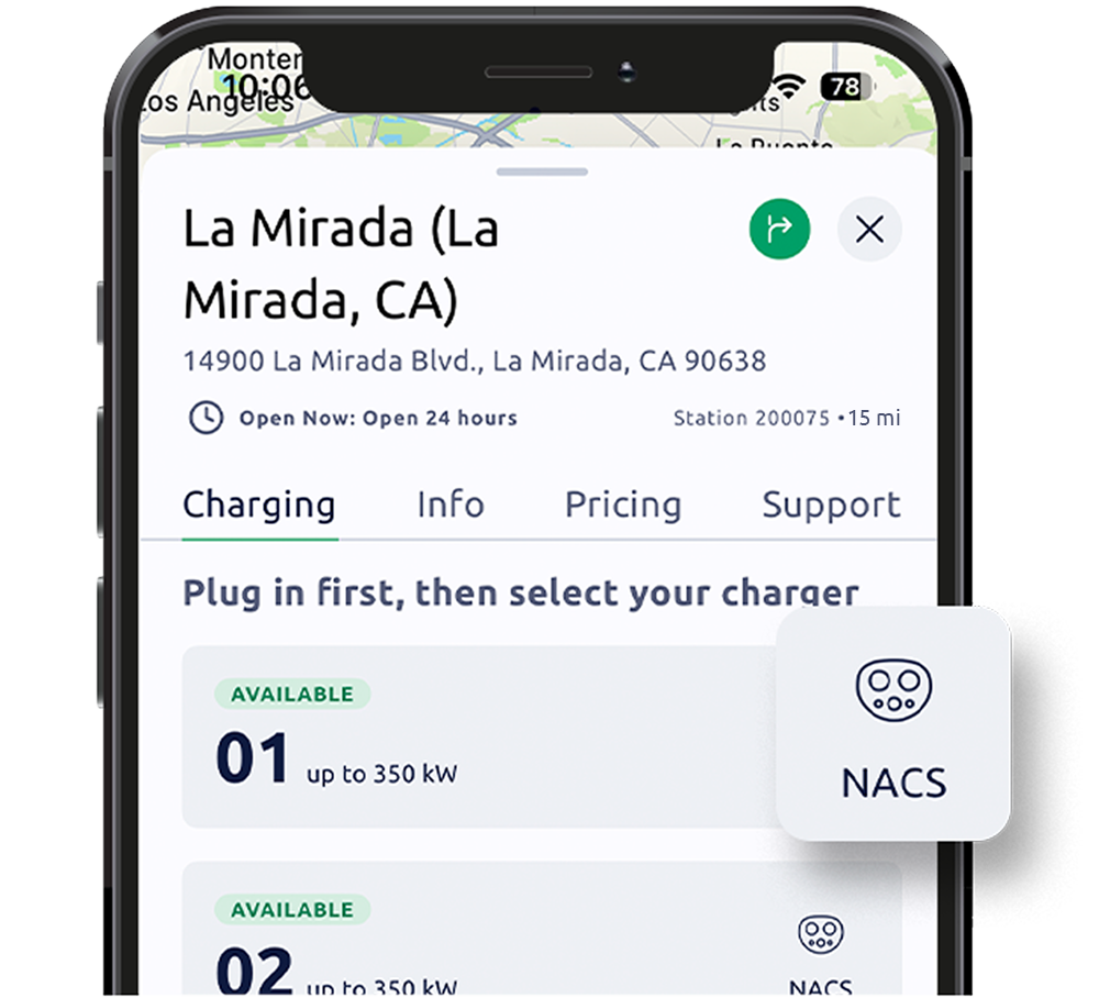 The electrify america mobile app with an NACS labeled charger.